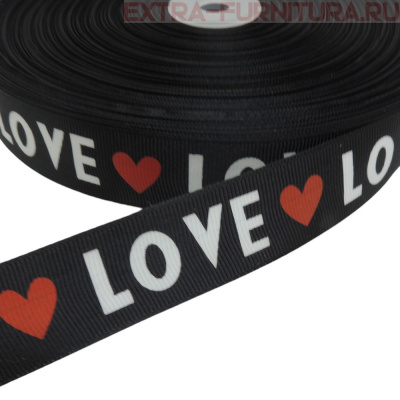 Лента репсовая шир.25мм цв.черный с белой печатью "LOVE" и красными серцами, арт.36136 (уп.91,4м)